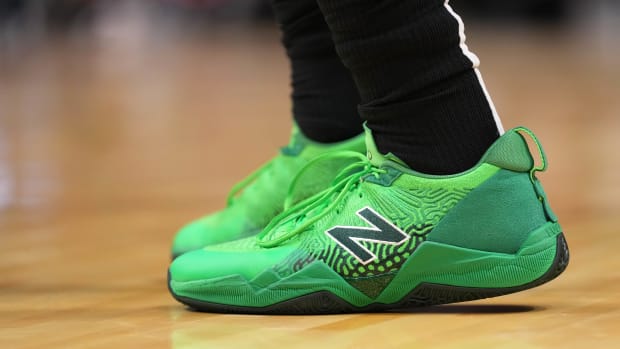 Boston Celtics guard Jaylen Brown wears the New Balance 'TWO WXY LOW' sneakers against the Miami Heat on November 4, 2021.